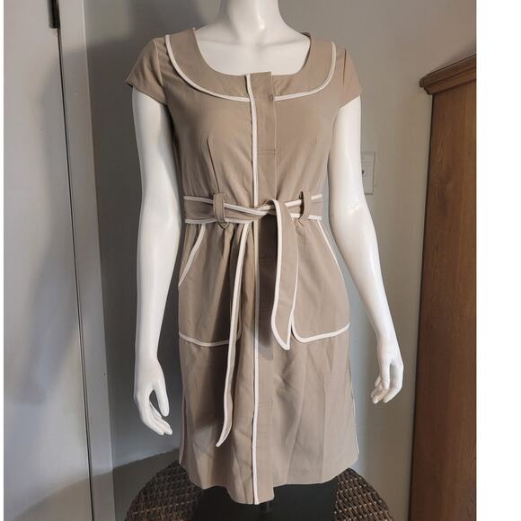 Sandra Darren 6P Tan Career Dress Belted Work Officewear Modest Petite Neutral - Picture 1 of 10